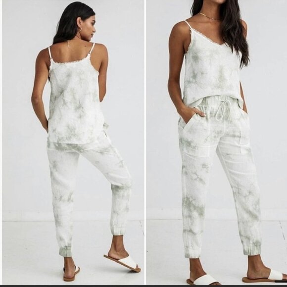 Bella Dahl Mint Green Linen Tie Dye Beach Boho Coastal Pull On Large Jogger Pant - Picture 1 of 7